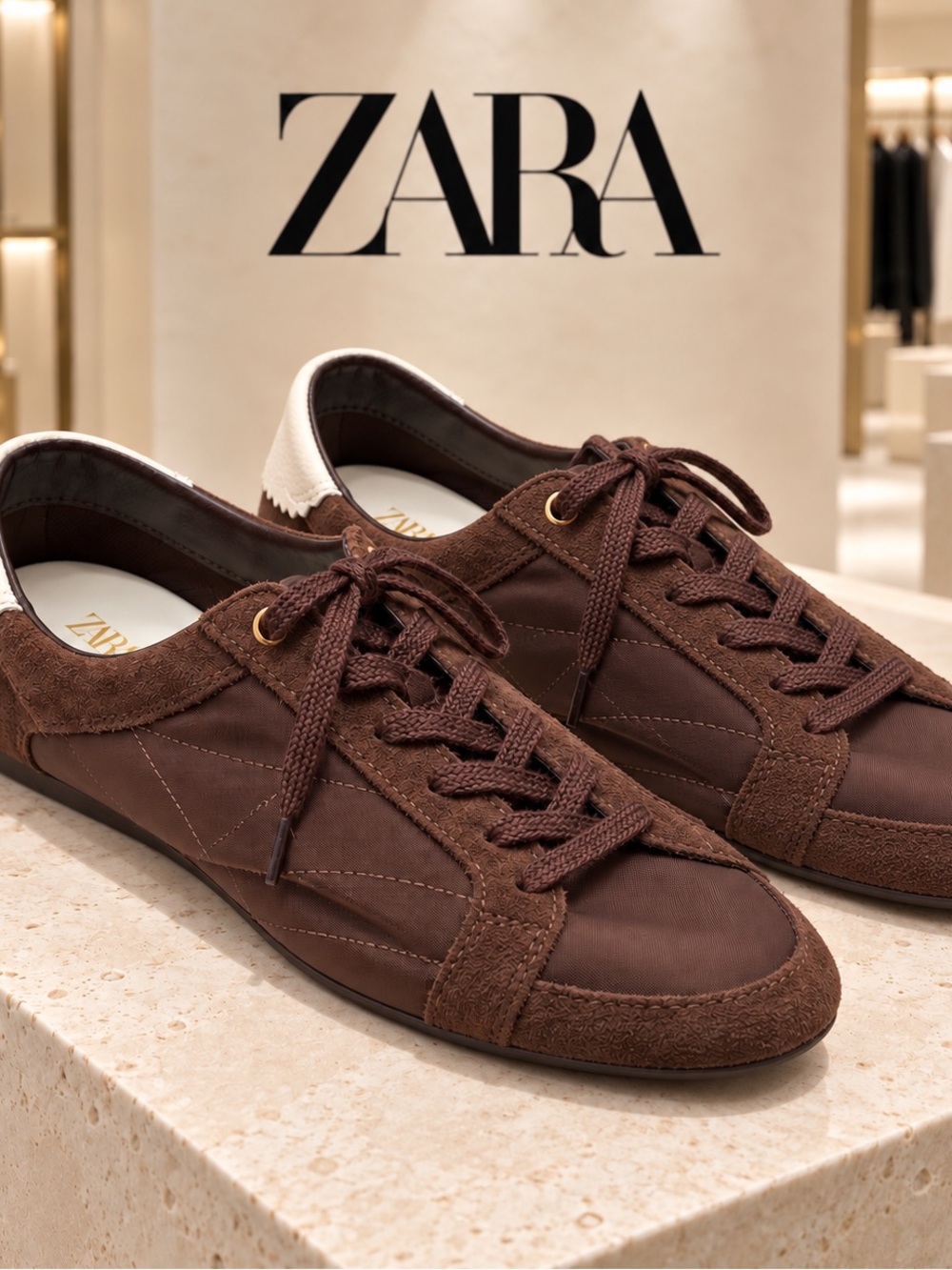 🌸ZARA Women’s Brown Suede & Nylon Lace-Up Sneakers size 8 NWT Athleisure active